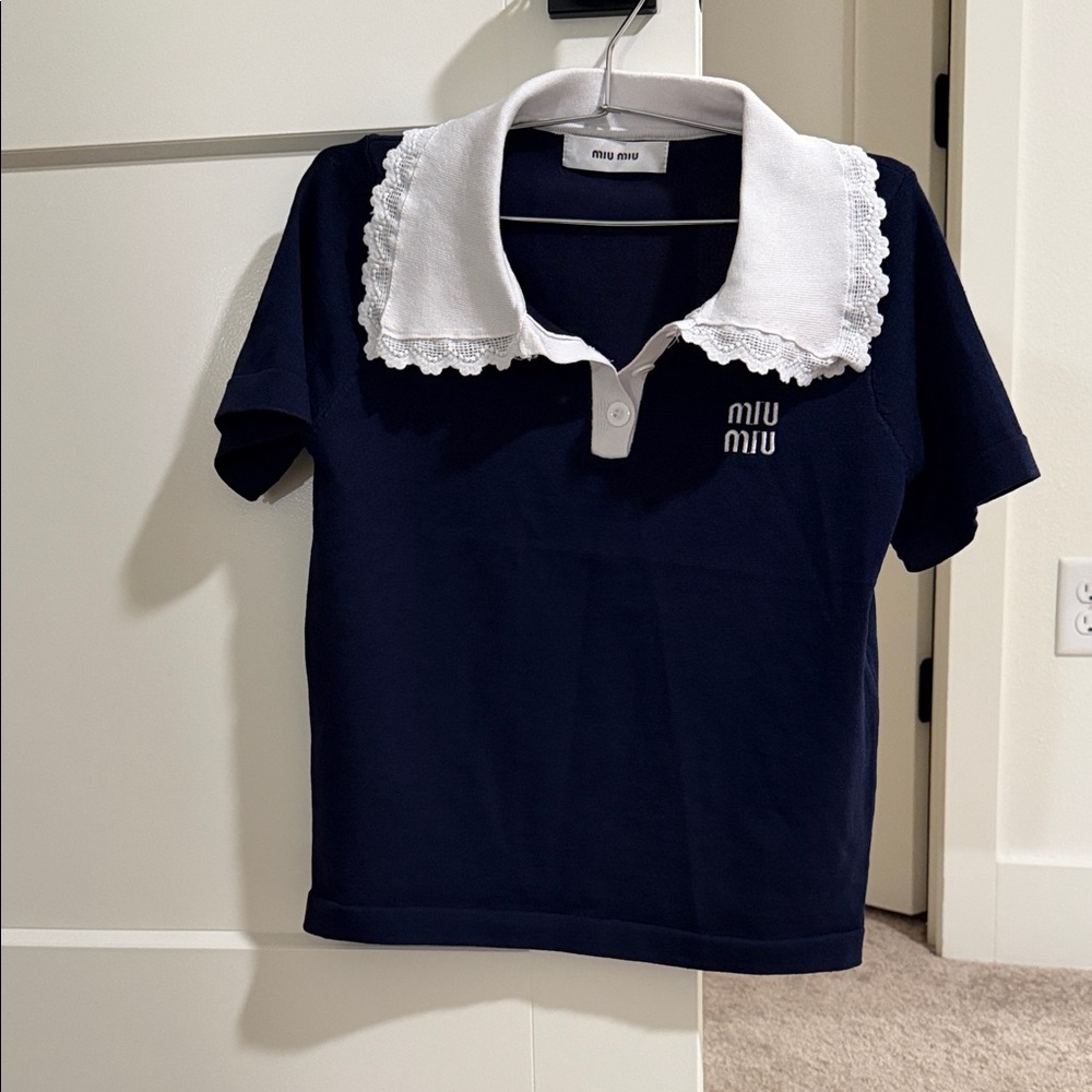 Miu Miu Kids Polo in Dark Blue with Lace White Collar